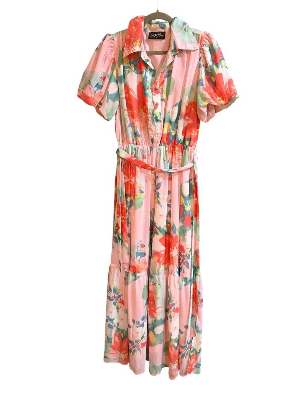 Like the Moon Floral Midi Dress Small Pink Romantic Puff Sleeve Cottagecore - Picture 2 of 6